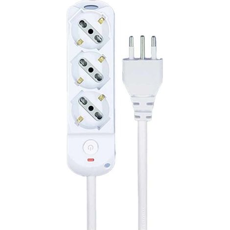 Multipresa Ciabatta Elettrica a 3 Posti 3 Prese Bipasso Schuko 10A/16A con Interruttore e Spina 10A Cavo 1.5 metri Bianco