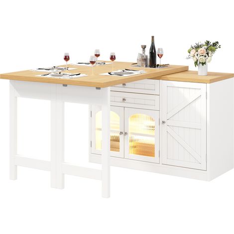 Table îlot de cuisine extensible CHICFURN blanche 120-194 cm, plateau pivotant à 360°, rangements, tiroirs et portes vitrées pour cuisine ou salle à manger (1/5)