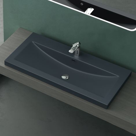Mai & Mai Lavabo à Encastrer Gris Noir Mat 100cm Vasque Lave Mains Rectangulaire en Résine Lavabo avec Trop-Plein Col01 100x48x13cm