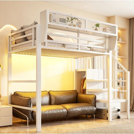 Cama altillo 90x200 cm - Con escalera de seguridad, LED y estante modulable - En metal - Blanco (1/5)