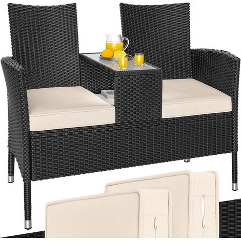 Casaria Banco Doble para Jardín Poliratán Acero 143 x 55 x 88cm Mesa WPC Cofre y Cojines Soporta Hasta 320Kg Para Exteriores Resiste Rayos UV Fácil de Limpiar Antracita