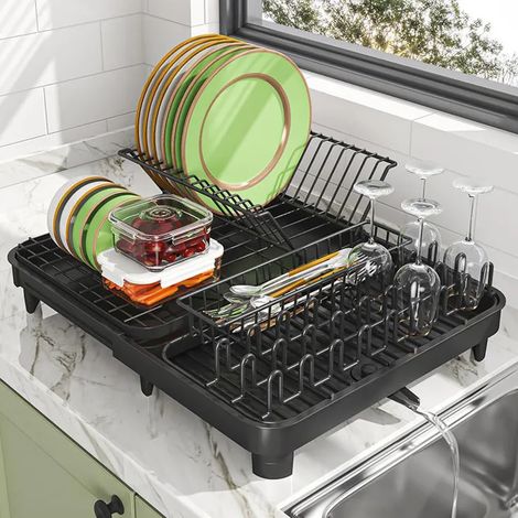 ®RisingFF Égouttoir à Vaisselle Cuisine ,Porte-ustensiles et bac d'égouttement,Séchoir à Vaisselle avec Porte-ustensiles, Noir 42x32x14CM (1/5)