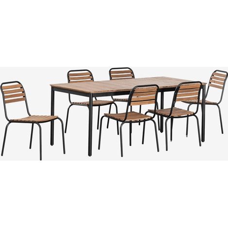 Set de mesa rectangular 160x90 cm y 6 sillas de comedor apilables en acero y madera de acacia Artus SKLUM
