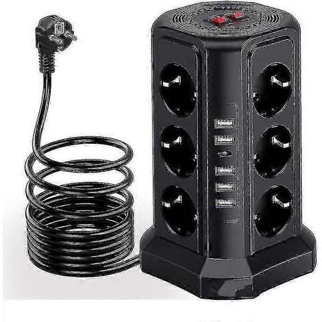 Multiprise tour avec protection contre les surtensions, 5 ports USB, 12 prises et 3 interrupteurs, noire. (1/4)