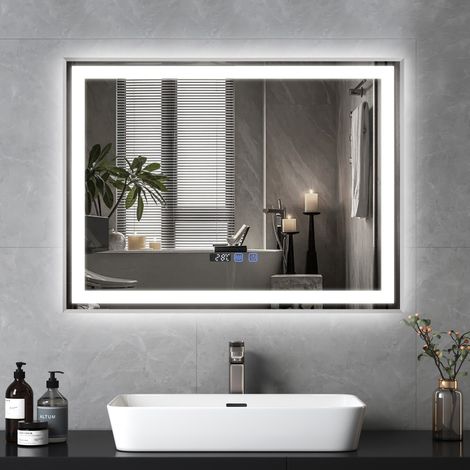 Puluomis – Miroir maquillage LED 80x60cm – Grand miroir coiffeuse carré lumineux – Éclairage 3 couleurs réglables – Affichage heure et température – Anti-buée