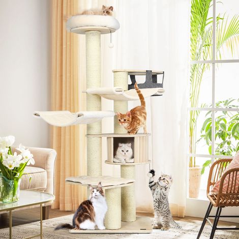 Arbre à Chat 197CM avec 2 Hamac Perchoir Poteaux à Griffer et Niche Tour de Jeux pour Chats avec 2 Pompon Suspendu Beige (1/2)
