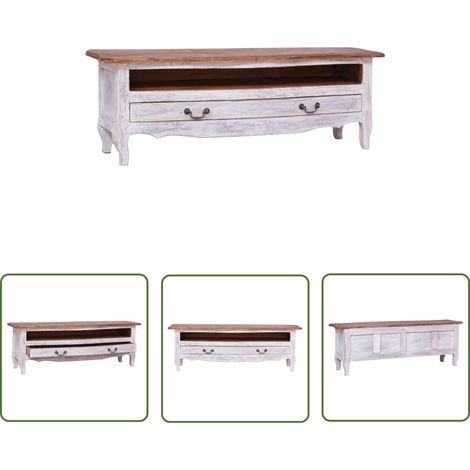 The Living Store - Meuble TV 120 x 30 x 40 cm Blanc Bois de récupération massif (1/5)