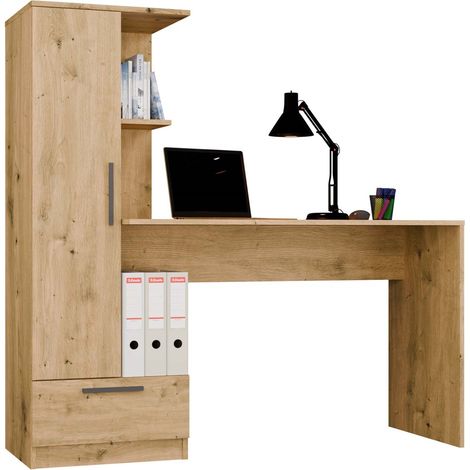 Topeshop – Bureau droit chêne artisan avec étagère fermée, tiroir et 6 étagères – Dimensions 140x143x50 cm – Style moderne et minimaliste