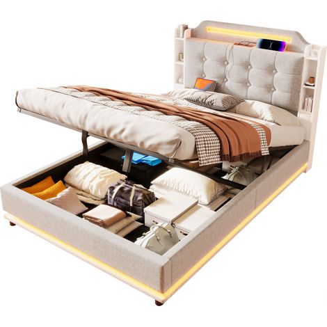 Lit coffre 140x200 cm LED avec rangement hydraulique, niches de chevet, ports USB et Type-C, tête capitonnée en tissu beige, sans matelas CHICFURN (1/5)