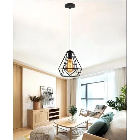 Lampe Suspension Industrielle Noir,Lustre Plafonnier en Fer Forge en Cage Diamant Vinatge pour Salon Chambre (1/4)