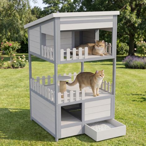 Dewalt –Outdoor Katzenhaus, Tannenholz Katzenhaus, wetterfestes Outdoor Katzenheim, Massivholz Tierhaus, winterfestes Katzenversteck, mit verzinkter Katzenstreuschublade, 68 x 64 x 124 cm, grau (1/5)