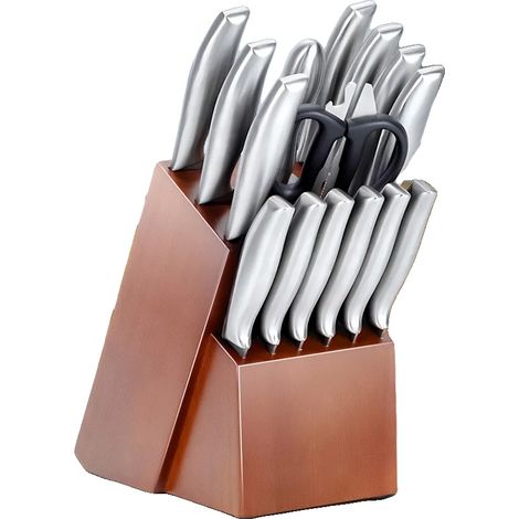 Juego de cuchillos de cocina de acero inoxidable, incluye bloque de madera, color marrón. (1/2)
