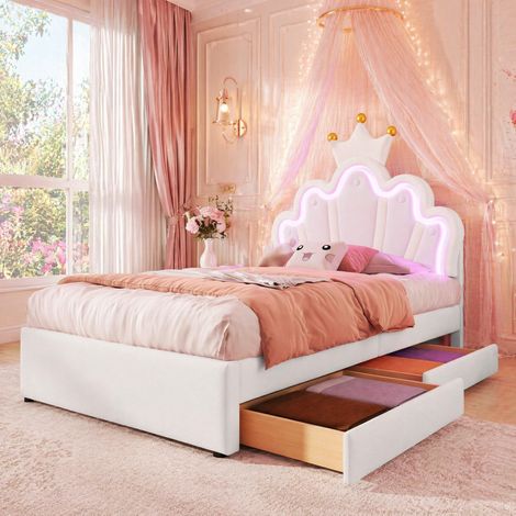 MEUBLIV Cama 90x200 cm blanca – LED 16 colores y 2 cajones, sin colchón (1/5)