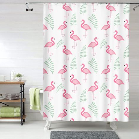 Rideau de douche flamant rose motif floral, tissu imperméable, 90x180 cm (1/5)