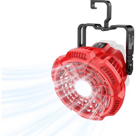 Ventilateur portable pour batterie Milwaukee 18V, ventilateur de table sans balais à 3 vitesses avec lumière LED, 3300 tr/min, crochet rotatif à 180°, ventilateur de chantier/camping (1/5)