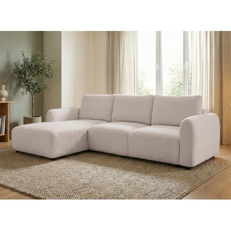 Canapé d'angle convertible avec coffre en tissu bouclette beige