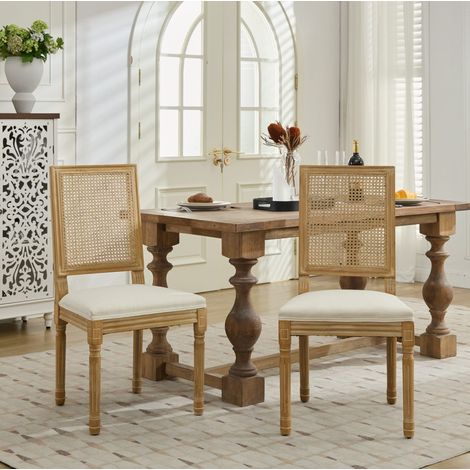 Lot de 2 chaises de salle à manger en lin avec dossier en rotin tressé beige (1/5)