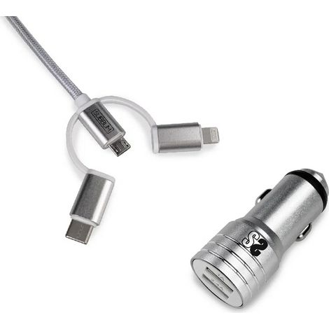 SUBBLIM Autoladegerät 2xUSB Dual Car Ladegerät Alum 2.4A + Kabel 3 in 1 Silver (1/5)