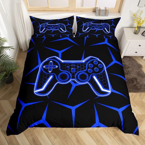 Parure de lit 2 pièces avec housse de couette de 135 x 200 cm, avec fermeture éclair, motif de manette de jeu géométrique, bleu (1/5)