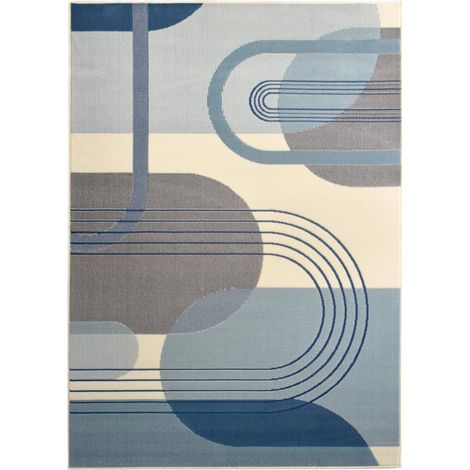 Tapis salon et chambre 200x290 bleu et crème tissé motif rétro-vintage AF2 COURBLA (1/5)