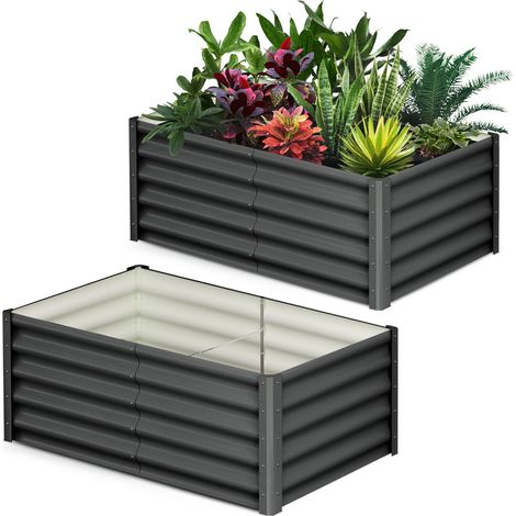 Lot de 2 bacs à fleurs en acier, jardinières rectangulaires extensionérieures, gants inclus, fond ouvert, Gris, 1809045 cm (1/5)