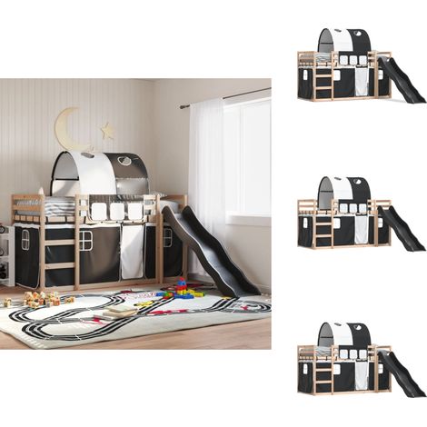 Etagenbett mit Rutsche und Gardinen Weiß und Schwarz 80x200 cm - Kinderhochbett - Holzbetten - Jugendzimmermöbel - Etagenbett Mit Rutsche - Hochbett Mit Schutzleiste (1/5)