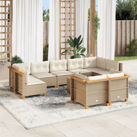 Ensemble Salon Jardin 10 Places Résine Tressée Beige avec Coussins Amovibles - Table Acacia et Structure Acier (1/4)