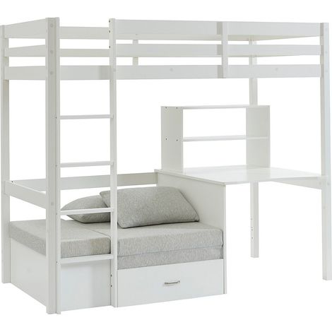 Lit mezzanine 90 x 200 cm avec bureau, sofa convertible et rangements - Pin et MDF - Blanc - GOLIATH III