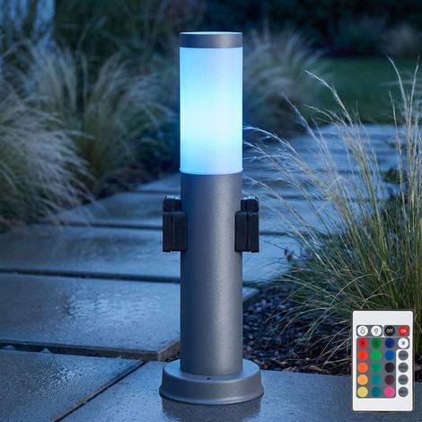 Piantana LED da esterno in acciaio inox con 2 prese segnapasso lampada da terra per esterno antracite dimmerabile con telecomando, cambio colore RGB, 8,5W 806lm bianco caldo, DxH 12,7x45 cm (1/5)