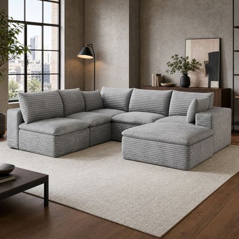 Canapé modulable 260 x 250 cm, en tissu, sans cadre en bois, rembourrage en mousse, gris