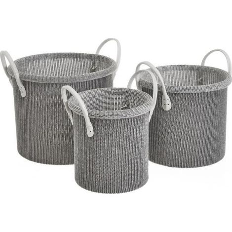 Panier de rangement - JUANIO - Lot de 3 - Polyester tressé - Poignées - Gris (1/4)
