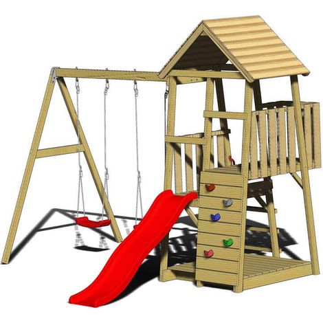 Wendi Toys Tour de jeux en bois Salamander incl. toboggan, mur d'escalade et 2 balançoires Nature 290x340x270 cm (1/5)
