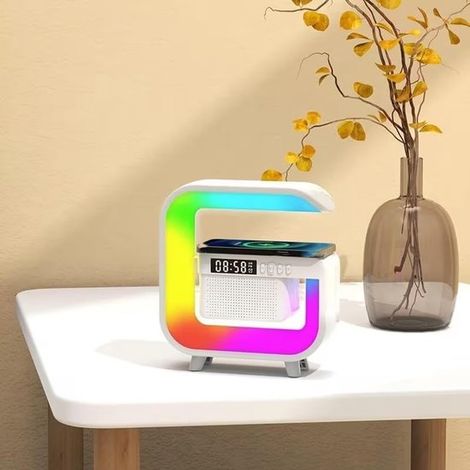 Lampada da comodino a LED multifunzionale con caricatore wireless, altoparlante Bluetooth, sveglia con effetto alba e illuminazione d'atmosfera RGB per la camera da letto. (1/4)