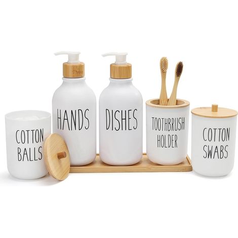 Ensemble salle de bain 6 pièces plastique bambou, finition mate, blanc, plateau coiffeuse, distributeur savon, support brosse dent, Qtip, support boule dent (1/5)