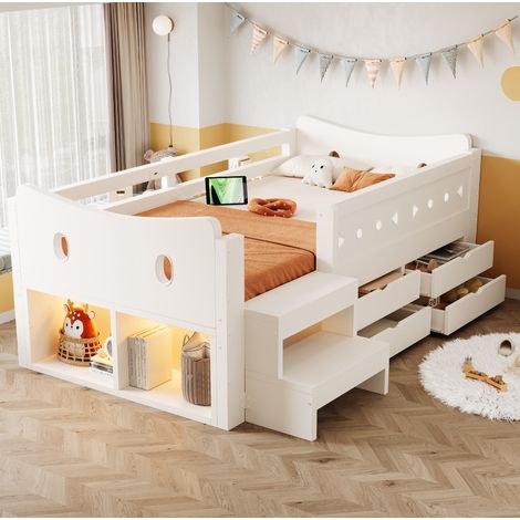 Cama infantil 90 x 200 cm blanca con cabecero redondeado, almacenaje, cajones, LED y USB/USB-C (1/5)