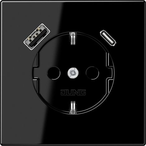 Jung SCHUKO®-Steckdose, 16 A 250 V , mit USB-Ladegerät, 1 x Typ A + 1 x Typ C, SAFETY+, Serie LS, schwarz LS 1520-15 CA SW (1/3)