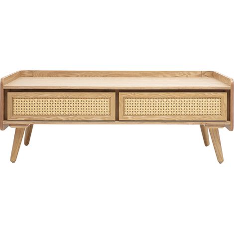 Mesa de centro con almacenaje en madera clara de fresno y rejilla de ratán L120 cm ELSY (1/5)