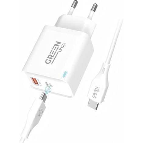 Carregador Rápido PD 30W - Portas USB-C+USB-A, QC3.0, Cabo C-C e Luz Indicadora, Branco (1/2)