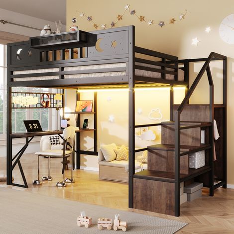 Lit mezzanine enfant 140 x 200 cm avec port USB et éclairage LED, bureau et panneau perforé, étagères multiples, barrière, noir (1/5)