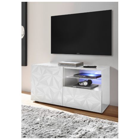 Meuble TV PRISMA 1 porte et 1 tiroir – Blanc laqué brillant – Design géométrique (1/3)