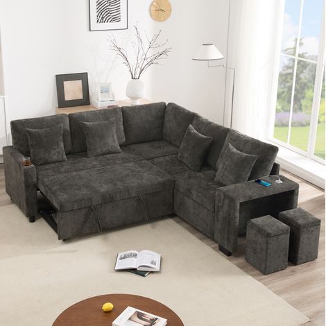 Canapé d'angle modulable avec coffre, pouf, ports USB et USB-C, en chenille gris, 220x205x87 cm (1/5)