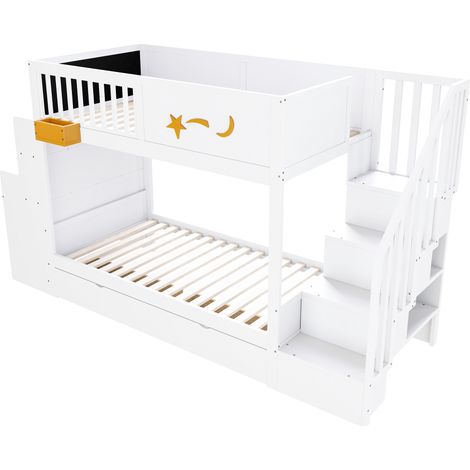 Cama alta infantil 90 x 200 cm con almacenaje, escritorio y escalera de seguridad, blanco (1/5)