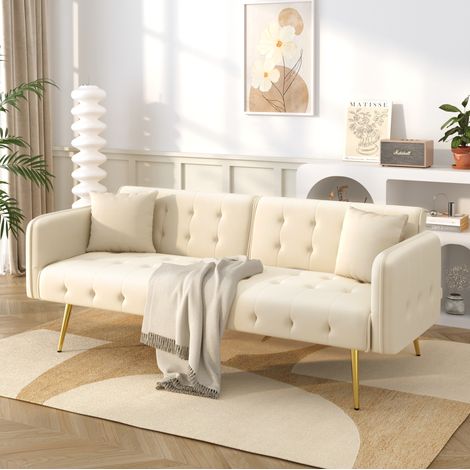 Divano letto 2 posti reclinabile in velluto beige OKMYHOME (1/5)