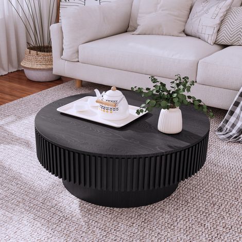 Mesa de centro redonda 75 cm de MDF negro con chapa de madera y almacenaje oculto - CHICFURN (1/5)