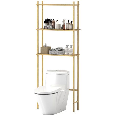 Étagère de toilette à 3 niveaux, étagère de salle de bain avec protection anti-basculement, étagère multifonctionnelle gain de place pour buanderie, style champêtre, bois naturel