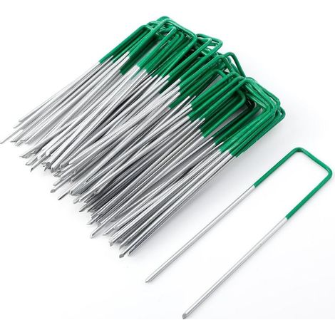 Lot de 50 pièces d'ancrage au sol semi-vertes 15 x 3 cm pour gazon artificiel, mauvaises herbes, clous de sol en laine, fixation pour piquet de 3 mm d'épaisseur (1/4)