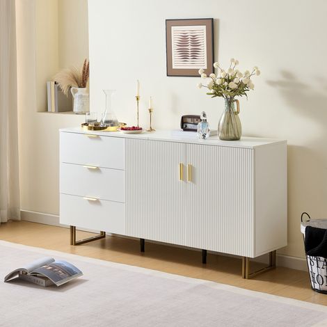 Credenza in MDF bianco 160 x 40 x 81,5 cm con 2 ante e 3 cassetti, maniglie in lega di alluminio dorata