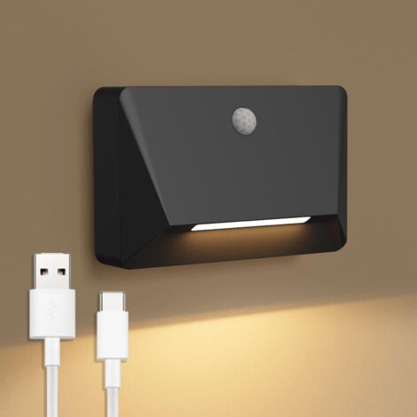 Veilleuse avec Détecteur de Mouvement, Lampe Murale Sans Fil LED Escalier Detecteur, Mode lié, 3000K, 2200 mAh, USB Rechargeable, Sans Perçage, Pour Couloir, Chambre, Bébé, Noir [Classe énergétique E] (1/5)