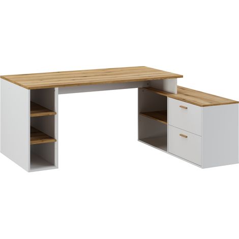 Pegane – Bureau d'angle en mélamine chêne artisan et blanc – Longueur 183 cm – Profondeur 141 cm – Hauteur 75 cm – 2 tiroirs et 5 étagères (1/3)