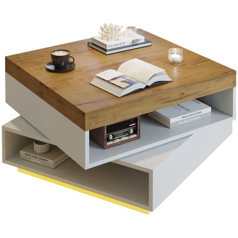 Table basse 65×65×40cm pivotante 360°, LED et rangement blanc bois